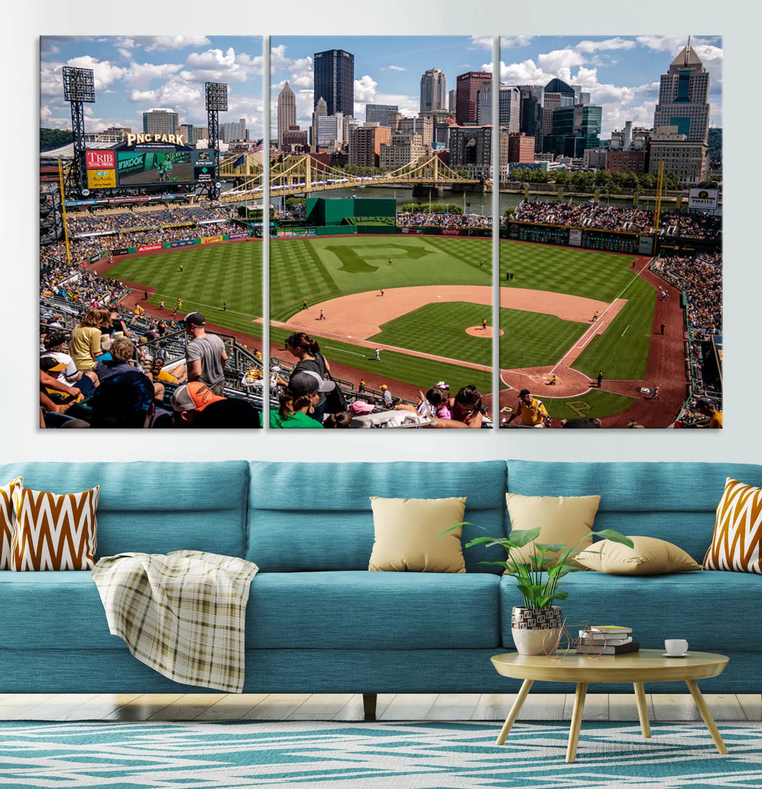 A Pittsburgh Pirates Baseball Team print featuring PNC Park Stadium and the city skyline is displayed, using the ready-to-hang premium wall art canvas designed for sports fans.