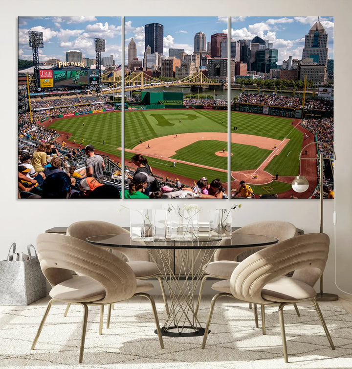 A Pittsburgh Pirates Baseball Team print featuring PNC Park Stadium and the city skyline is displayed, using the ready-to-hang premium wall art canvas designed for sports fans.