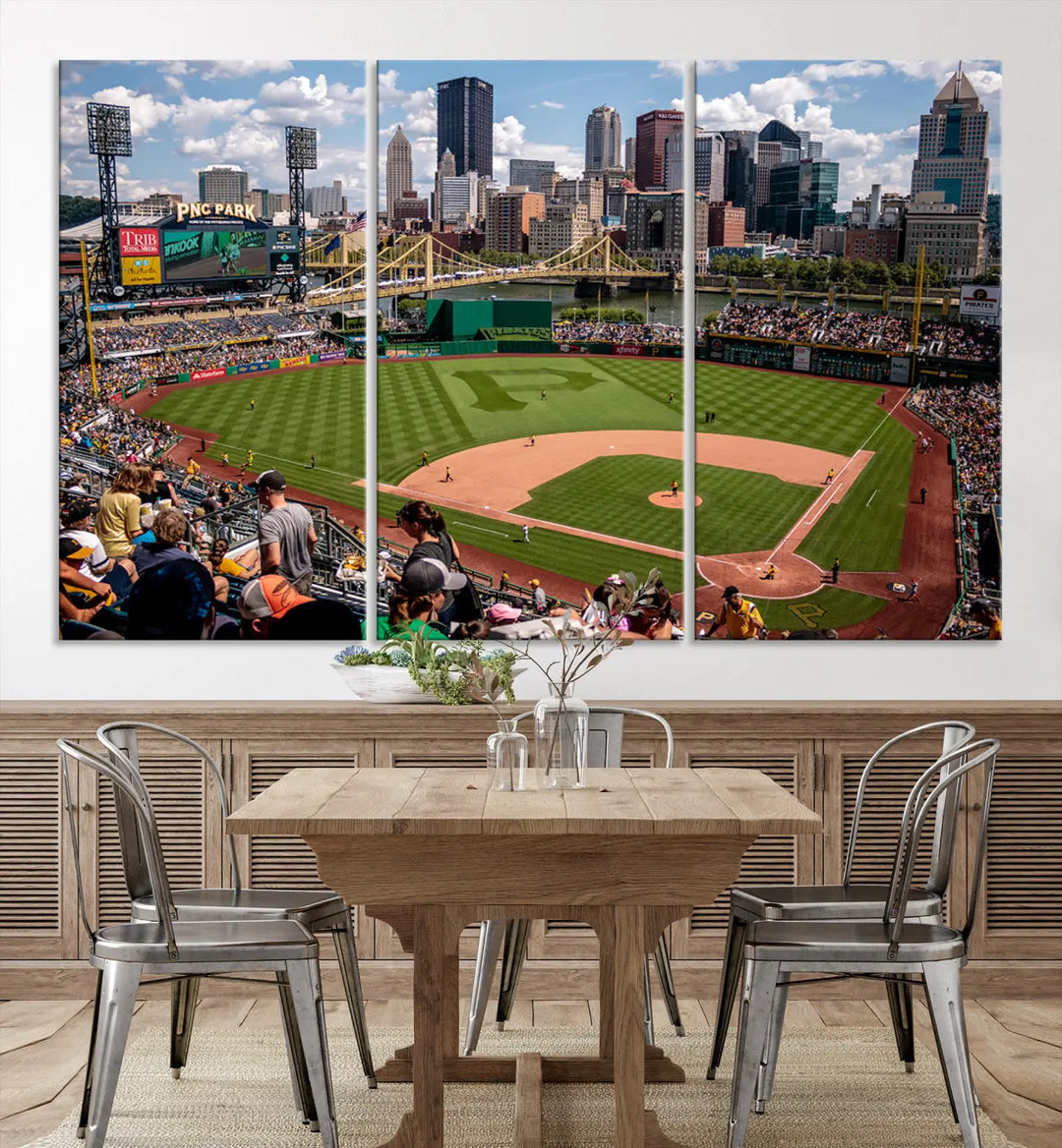 A Pittsburgh Pirates Baseball Team print featuring PNC Park Stadium and the city skyline is displayed, using the ready-to-hang premium wall art canvas designed for sports fans.