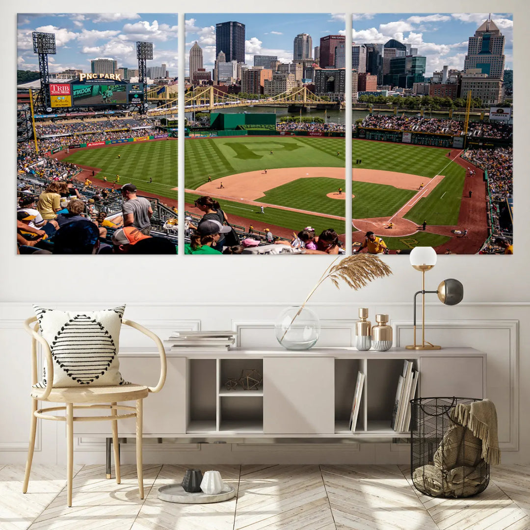 A Pittsburgh Pirates Baseball Team print featuring PNC Park Stadium and the city skyline is displayed, using the ready-to-hang premium wall art canvas designed for sports fans.