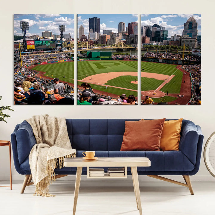 A Pittsburgh Pirates Baseball Team print featuring PNC Park Stadium and the city skyline is displayed, using the ready-to-hang premium wall art canvas designed for sports fans.