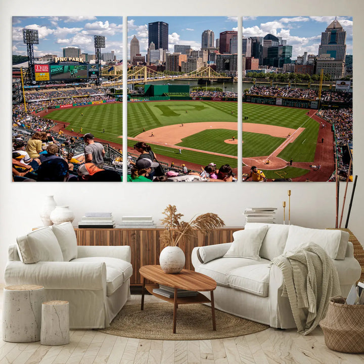 A Pittsburgh Pirates Baseball Team print featuring PNC Park Stadium and the city skyline is displayed, using the ready-to-hang premium wall art canvas designed for sports fans.