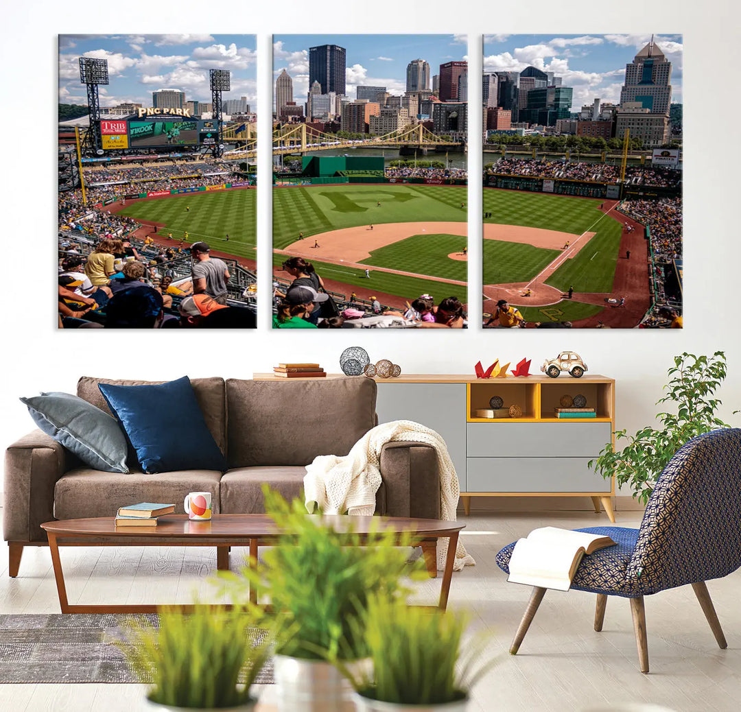 A Pittsburgh Pirates Baseball Team print featuring PNC Park Stadium and the city skyline is displayed, using the ready-to-hang premium wall art canvas designed for sports fans.