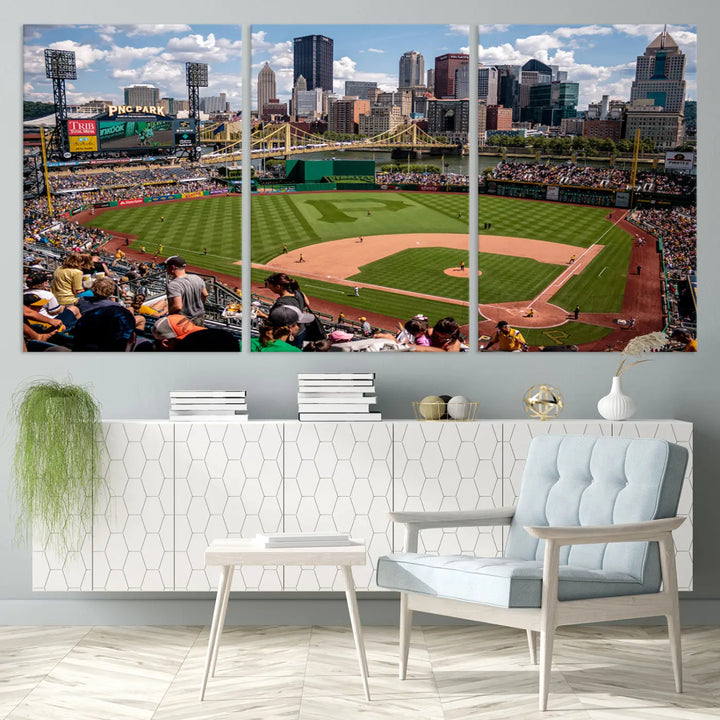 A Pittsburgh Pirates Baseball Team print featuring PNC Park Stadium and the city skyline is displayed, using the ready-to-hang premium wall art canvas designed for sports fans.