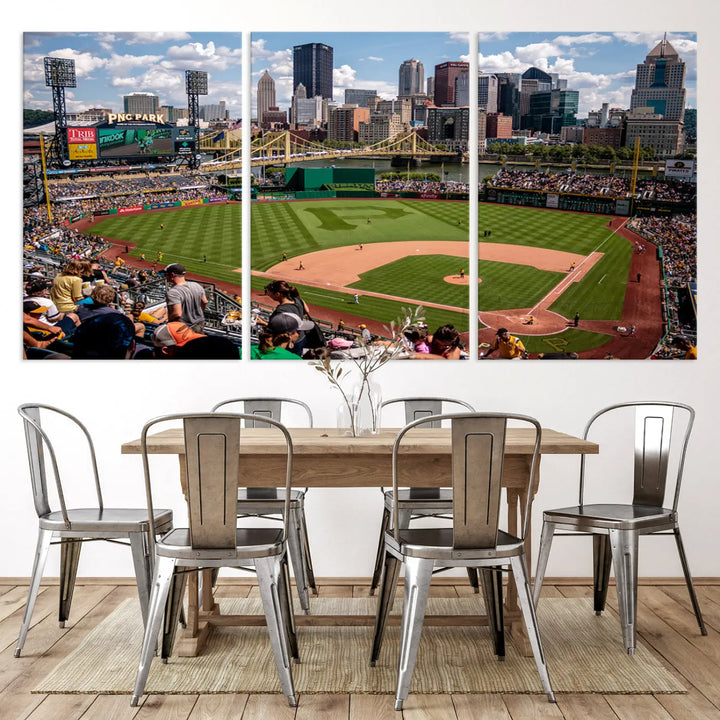 A Pittsburgh Pirates Baseball Team print featuring PNC Park Stadium and the city skyline is displayed, using the ready-to-hang premium wall art canvas designed for sports fans.