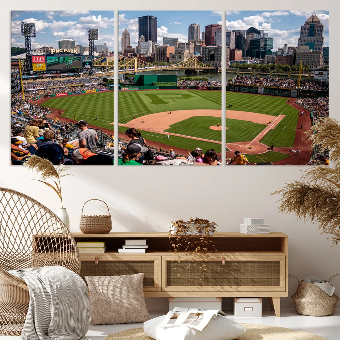 A Pittsburgh Pirates Baseball Team print featuring PNC Park Stadium and the city skyline is displayed, using the ready-to-hang premium wall art canvas designed for sports fans.