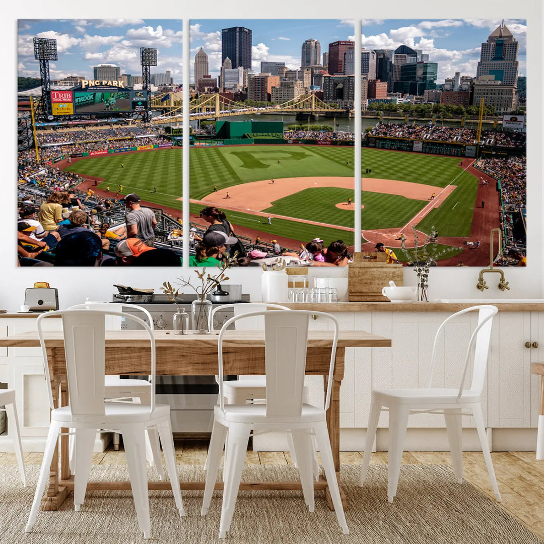 A Pittsburgh Pirates Baseball Team print featuring PNC Park Stadium and the city skyline is displayed, using the ready-to-hang premium wall art canvas designed for sports fans.