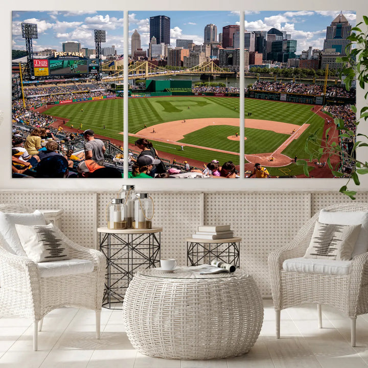 A Pittsburgh Pirates Baseball Team print featuring PNC Park Stadium and the city skyline is displayed, using the ready-to-hang premium wall art canvas designed for sports fans.