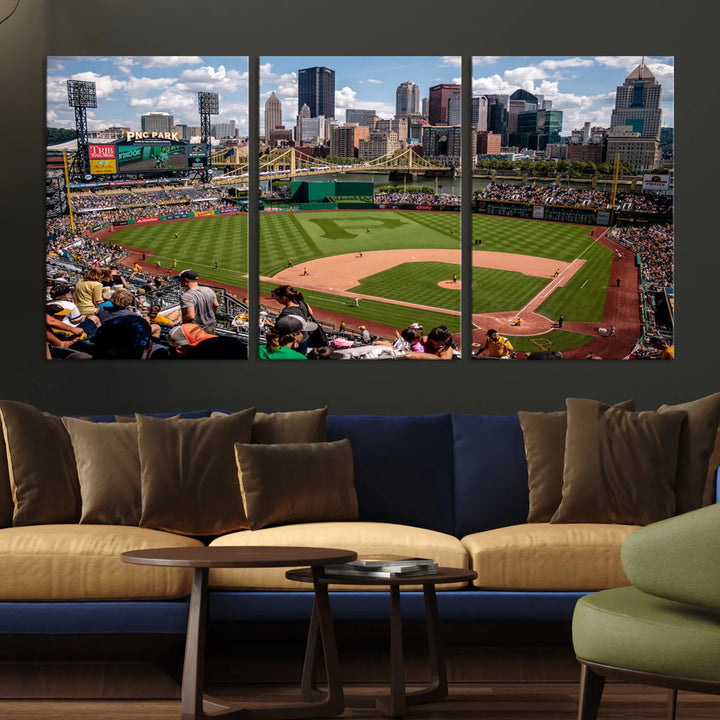 A Pittsburgh Pirates Baseball Team print featuring PNC Park Stadium and the city skyline is displayed, using the ready-to-hang premium wall art canvas designed for sports fans.