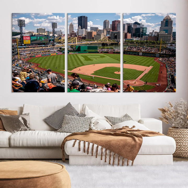 A Pittsburgh Pirates Baseball Team print featuring PNC Park Stadium and the city skyline is displayed, using the ready-to-hang premium wall art canvas designed for sports fans.