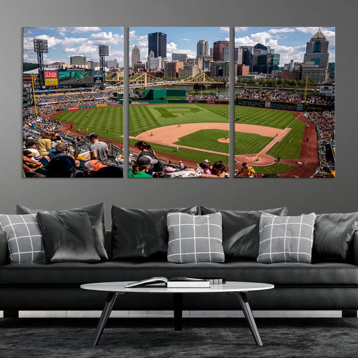 A Pittsburgh Pirates Baseball Team print featuring PNC Park Stadium and the city skyline is displayed, using the ready-to-hang premium wall art canvas designed for sports fans.