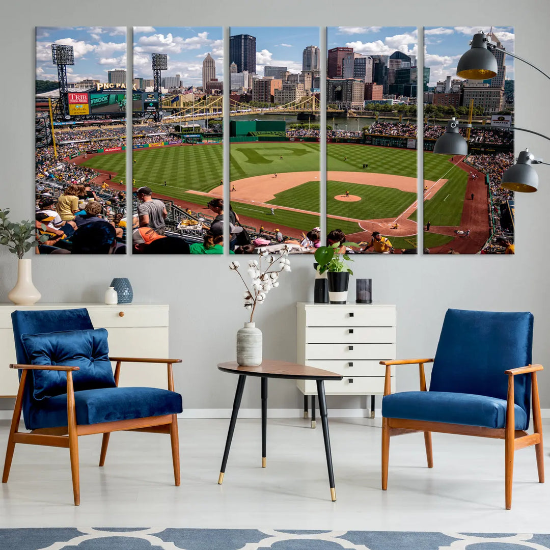 A Pittsburgh Pirates Baseball Team print featuring PNC Park Stadium and the city skyline is displayed, using the ready-to-hang premium wall art canvas designed for sports fans.