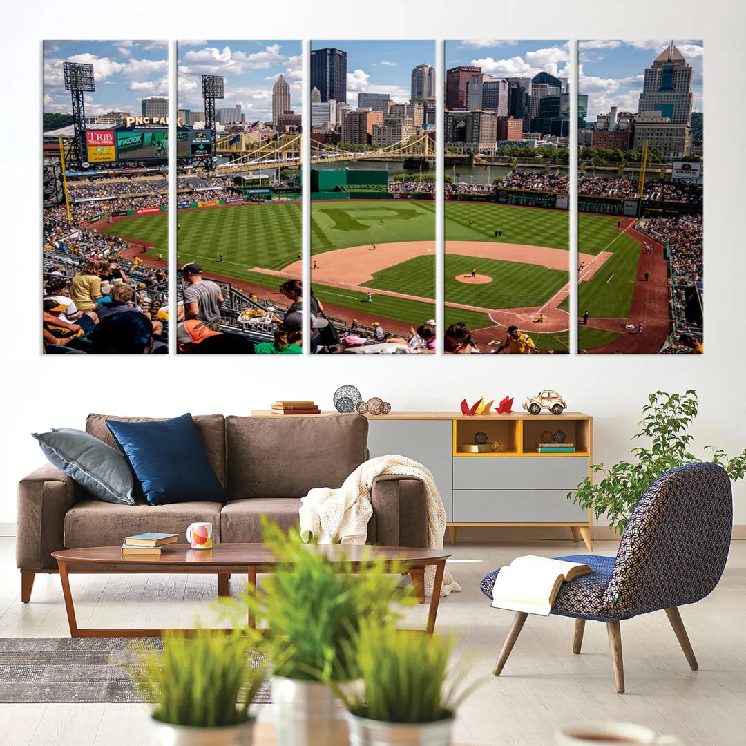 A Pittsburgh Pirates Baseball Team print featuring PNC Park Stadium and the city skyline is displayed, using the ready-to-hang premium wall art canvas designed for sports fans.