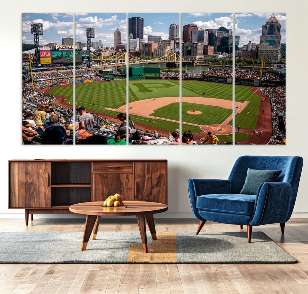 A Pittsburgh Pirates Baseball Team print featuring PNC Park Stadium and the city skyline is displayed, using the ready-to-hang premium wall art canvas designed for sports fans.