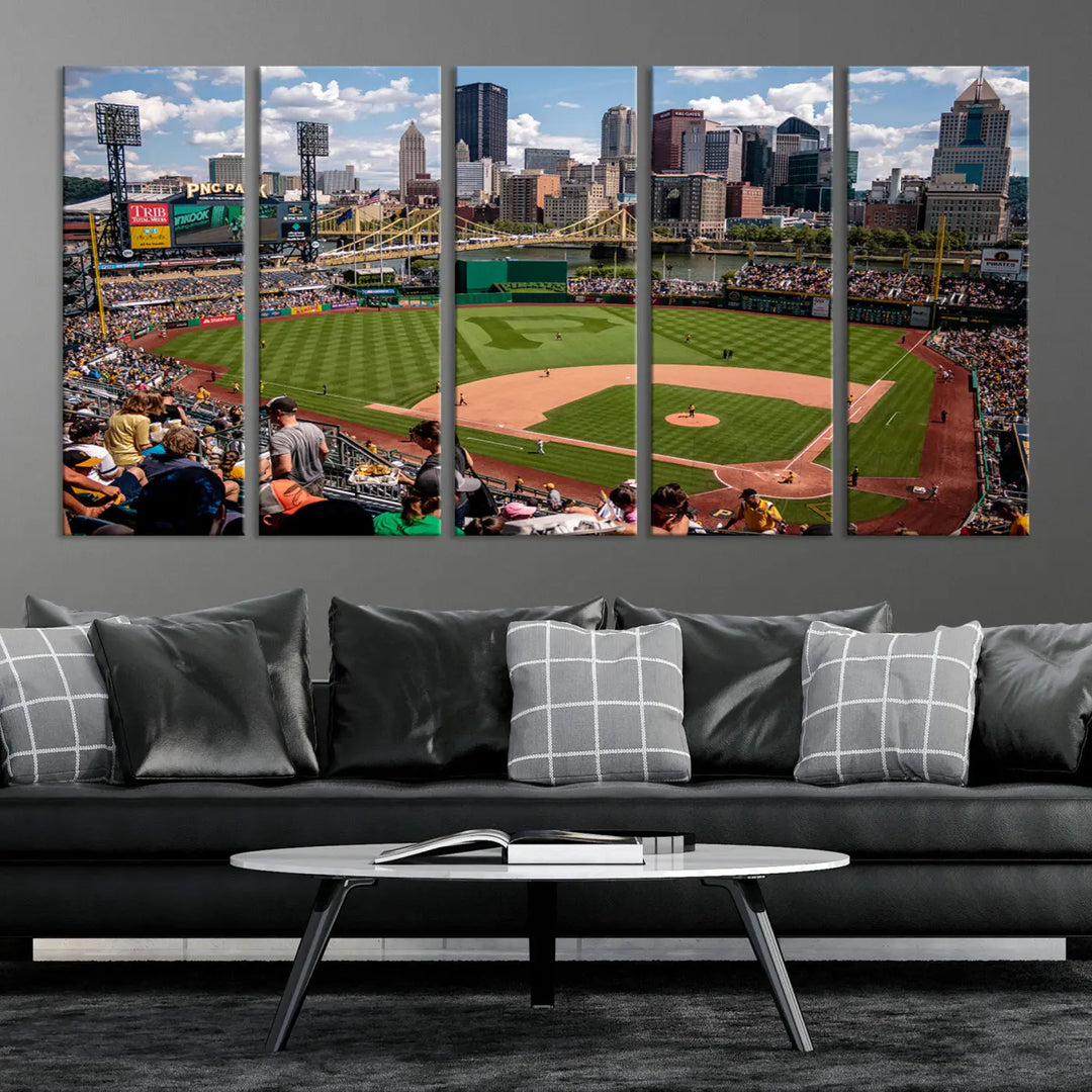 A Pittsburgh Pirates Baseball Team print featuring PNC Park Stadium and the city skyline is displayed, using the ready-to-hang premium wall art canvas designed for sports fans.