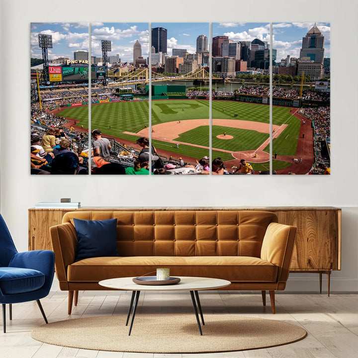 A Pittsburgh Pirates Baseball Team print featuring PNC Park Stadium and the city skyline is displayed, using the ready-to-hang premium wall art canvas designed for sports fans.