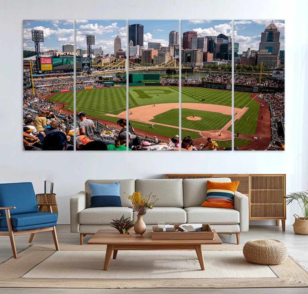 A Pittsburgh Pirates Baseball Team print featuring PNC Park Stadium and the city skyline is displayed, using the ready-to-hang premium wall art canvas designed for sports fans.