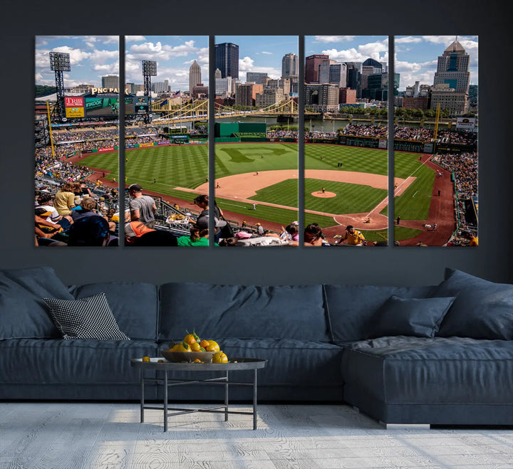 A Pittsburgh Pirates Baseball Team print featuring PNC Park Stadium and the city skyline is displayed, using the ready-to-hang premium wall art canvas designed for sports fans.