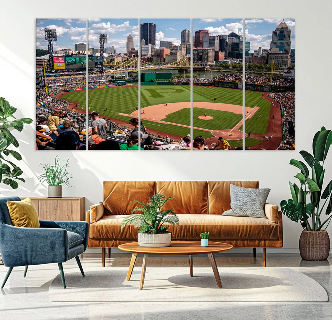 A Pittsburgh Pirates Baseball Team print featuring PNC Park Stadium and the city skyline is displayed, using the ready-to-hang premium wall art canvas designed for sports fans.