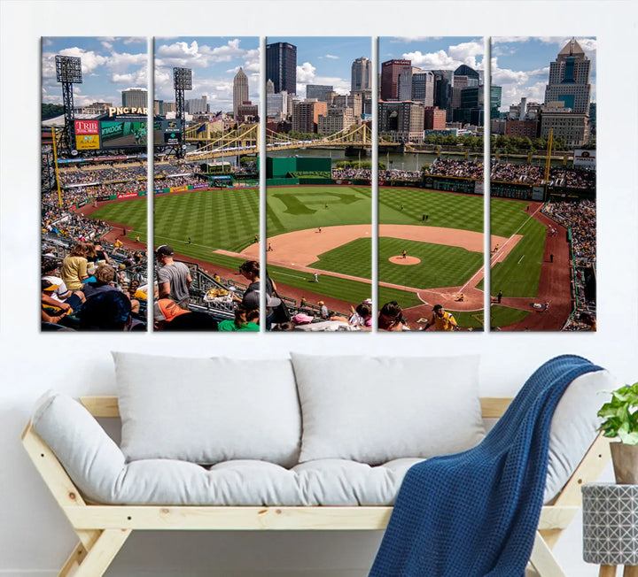 A Pittsburgh Pirates Baseball Team print featuring PNC Park Stadium and the city skyline is displayed, using the ready-to-hang premium wall art canvas designed for sports fans.