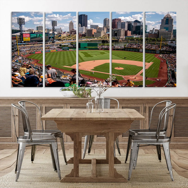 A Pittsburgh Pirates Baseball Team print featuring PNC Park Stadium and the city skyline is displayed, using the ready-to-hang premium wall art canvas designed for sports fans.