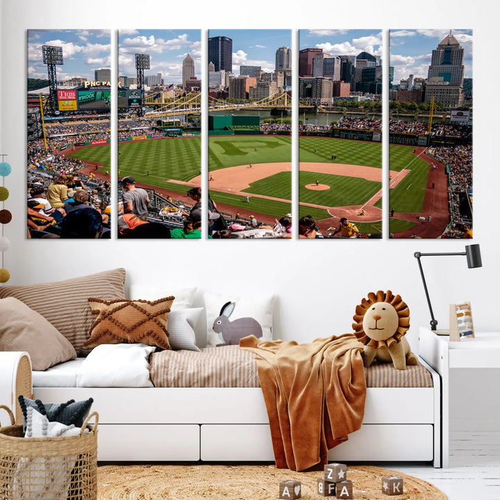 A Pittsburgh Pirates Baseball Team print featuring PNC Park Stadium and the city skyline is displayed, using the ready-to-hang premium wall art canvas designed for sports fans.