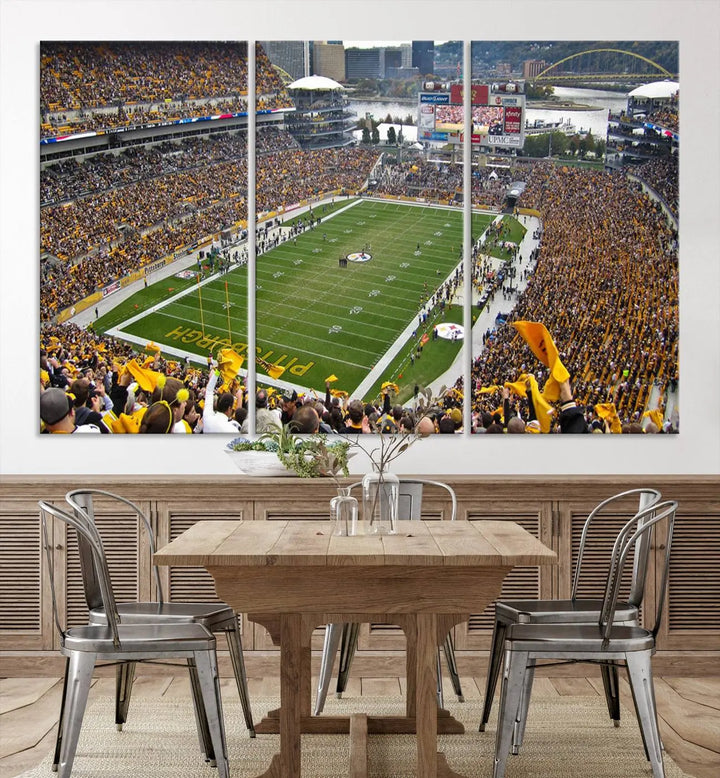 The Pittsburgh Steelers Football Team Print, featuring a packed Heinz Field stadium with fans clad in yellow, is displayed. This canvas print has a gallery-quality finish on premium material, adding a vibrant touch to your space.