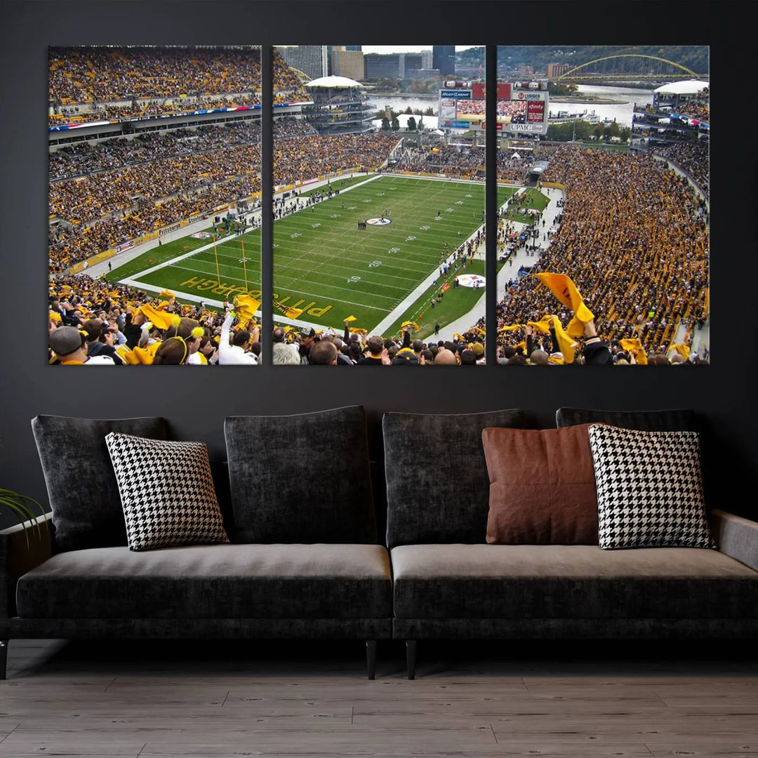 The Pittsburgh Steelers Football Team Print, featuring a packed Heinz Field stadium with fans clad in yellow, is displayed. This canvas print has a gallery-quality finish on premium material, adding a vibrant touch to your space.