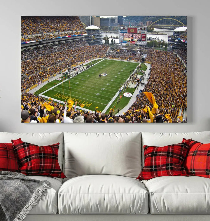 The Pittsburgh Steelers Football Team Print, featuring a packed Heinz Field stadium with fans clad in yellow, is displayed. This canvas print has a gallery-quality finish on premium material, adding a vibrant touch to your space.