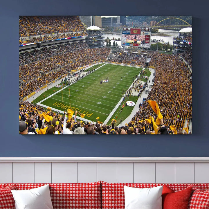 The Pittsburgh Steelers Football Team Print, featuring a packed Heinz Field stadium with fans clad in yellow, is displayed. This canvas print has a gallery-quality finish on premium material, adding a vibrant touch to your space.