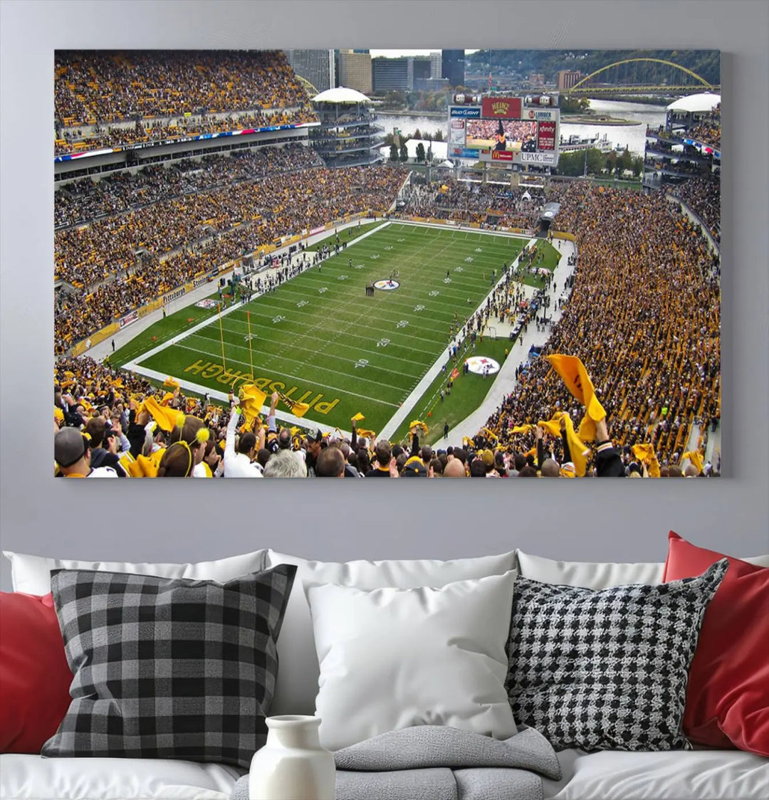 The Pittsburgh Steelers Football Team Print, featuring a packed Heinz Field stadium with fans clad in yellow, is displayed. This canvas print has a gallery-quality finish on premium material, adding a vibrant touch to your space.