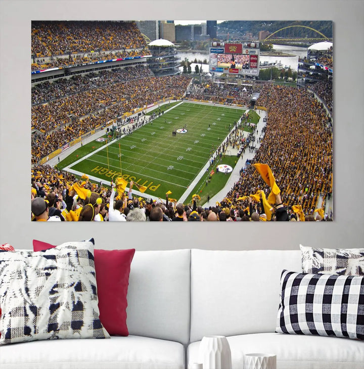 The Pittsburgh Steelers Football Team Print, featuring a packed Heinz Field stadium with fans clad in yellow, is displayed. This canvas print has a gallery-quality finish on premium material, adding a vibrant touch to your space.