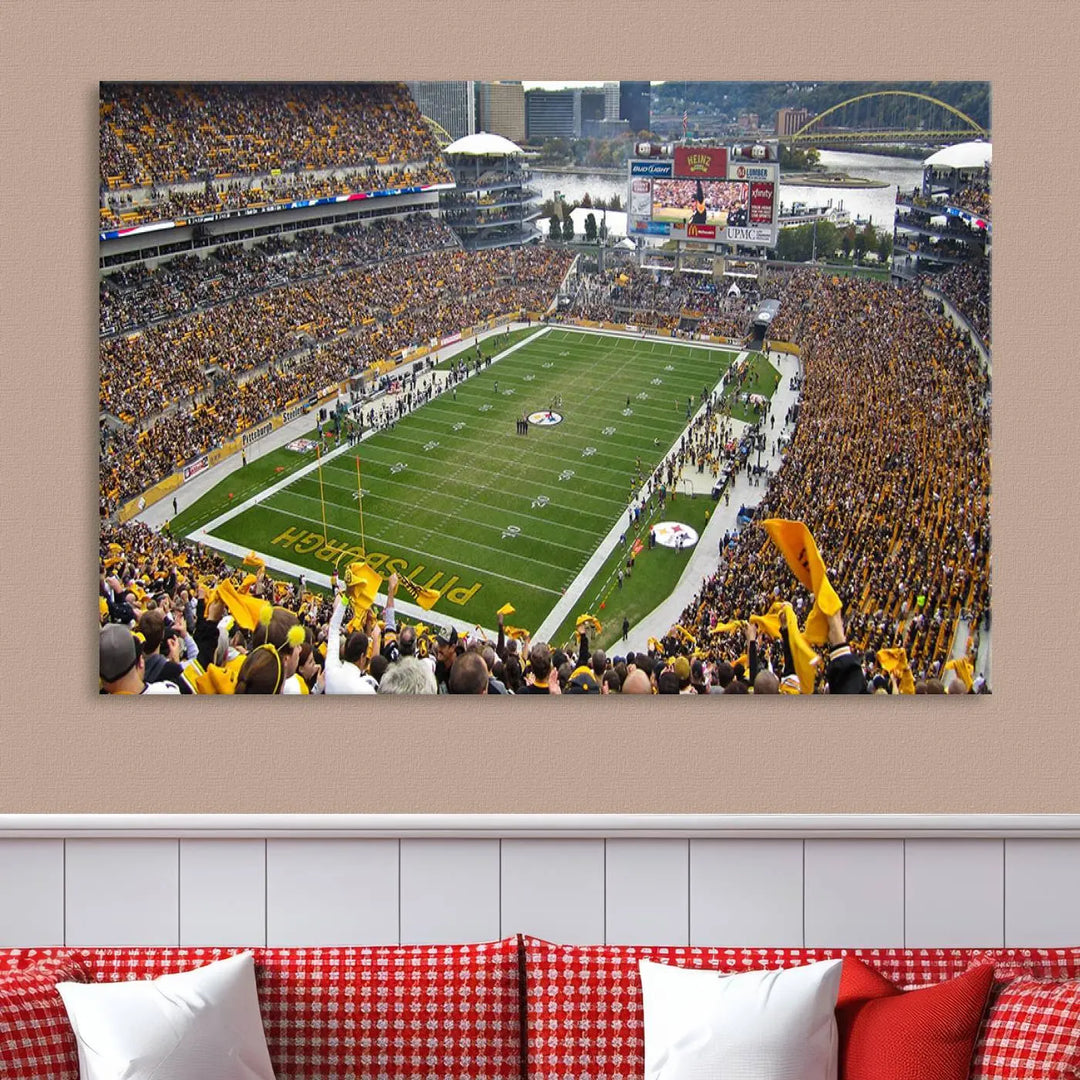 The Pittsburgh Steelers Football Team Print, featuring a packed Heinz Field stadium with fans clad in yellow, is displayed. This canvas print has a gallery-quality finish on premium material, adding a vibrant touch to your space.