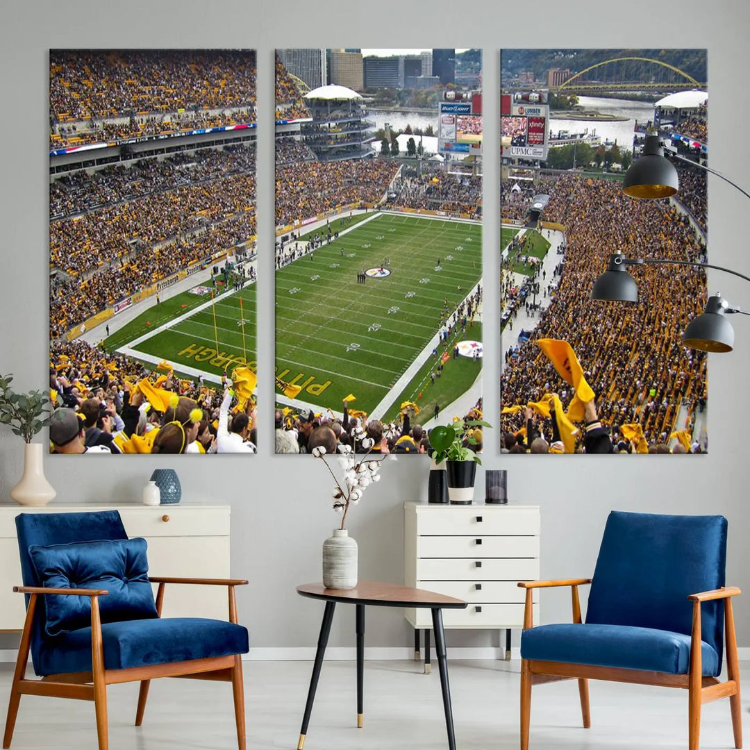 The Pittsburgh Steelers Football Team Print, featuring a packed Heinz Field stadium with fans clad in yellow, is displayed. This canvas print has a gallery-quality finish on premium material, adding a vibrant touch to your space.