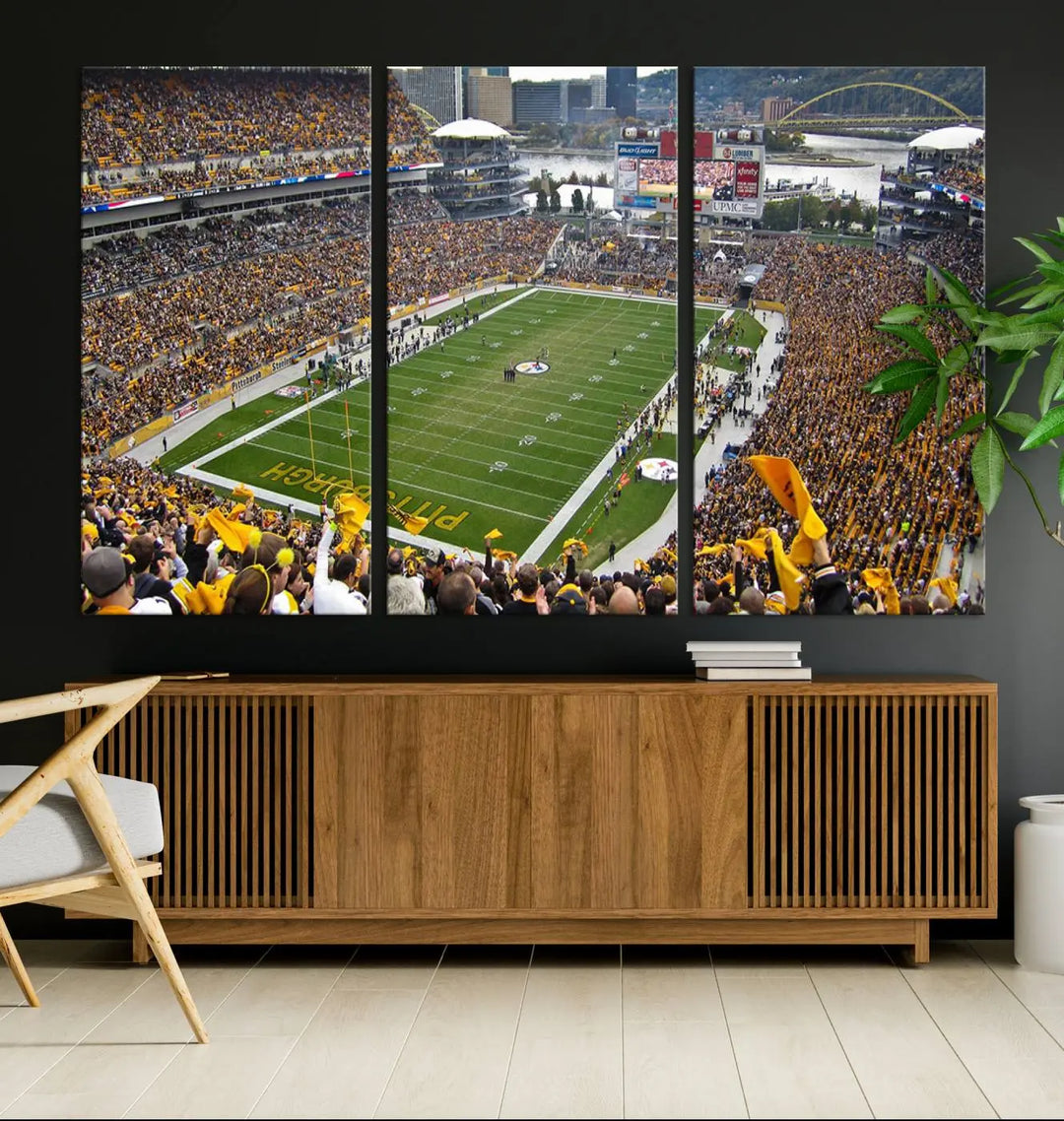 The Pittsburgh Steelers Football Team Print, featuring a packed Heinz Field stadium with fans clad in yellow, is displayed. This canvas print has a gallery-quality finish on premium material, adding a vibrant touch to your space.