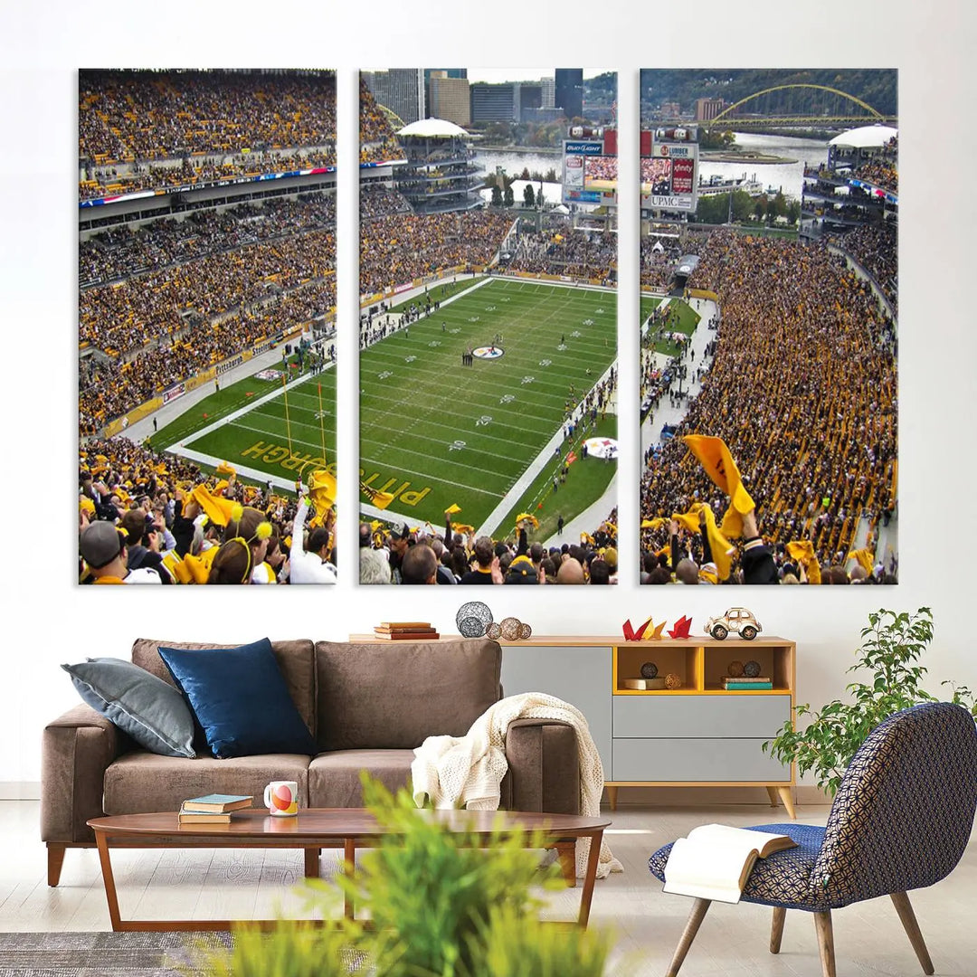 The Pittsburgh Steelers Football Team Print, featuring a packed Heinz Field stadium with fans clad in yellow, is displayed. This canvas print has a gallery-quality finish on premium material, adding a vibrant touch to your space.