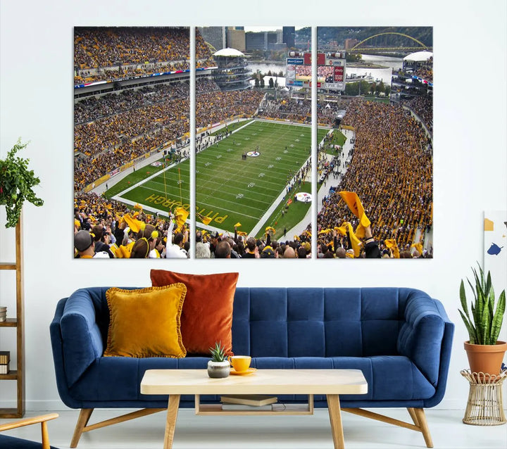 The Pittsburgh Steelers Football Team Print, featuring a packed Heinz Field stadium with fans clad in yellow, is displayed. This canvas print has a gallery-quality finish on premium material, adding a vibrant touch to your space.