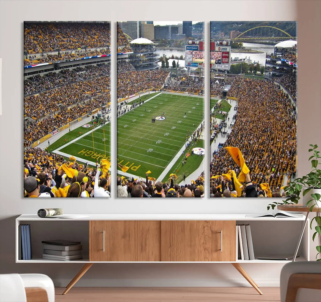 The Pittsburgh Steelers Football Team Print, featuring a packed Heinz Field stadium with fans clad in yellow, is displayed. This canvas print has a gallery-quality finish on premium material, adding a vibrant touch to your space.