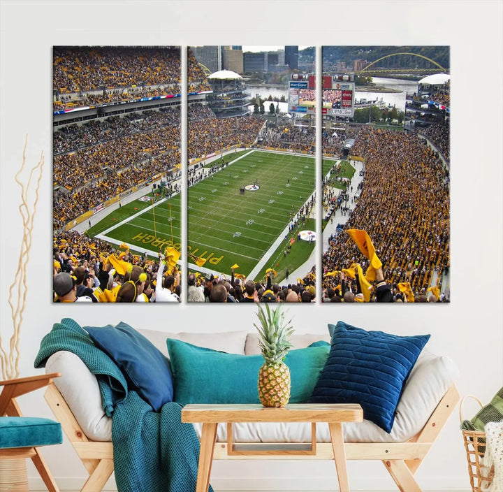 The Pittsburgh Steelers Football Team Print, featuring a packed Heinz Field stadium with fans clad in yellow, is displayed. This canvas print has a gallery-quality finish on premium material, adding a vibrant touch to your space.