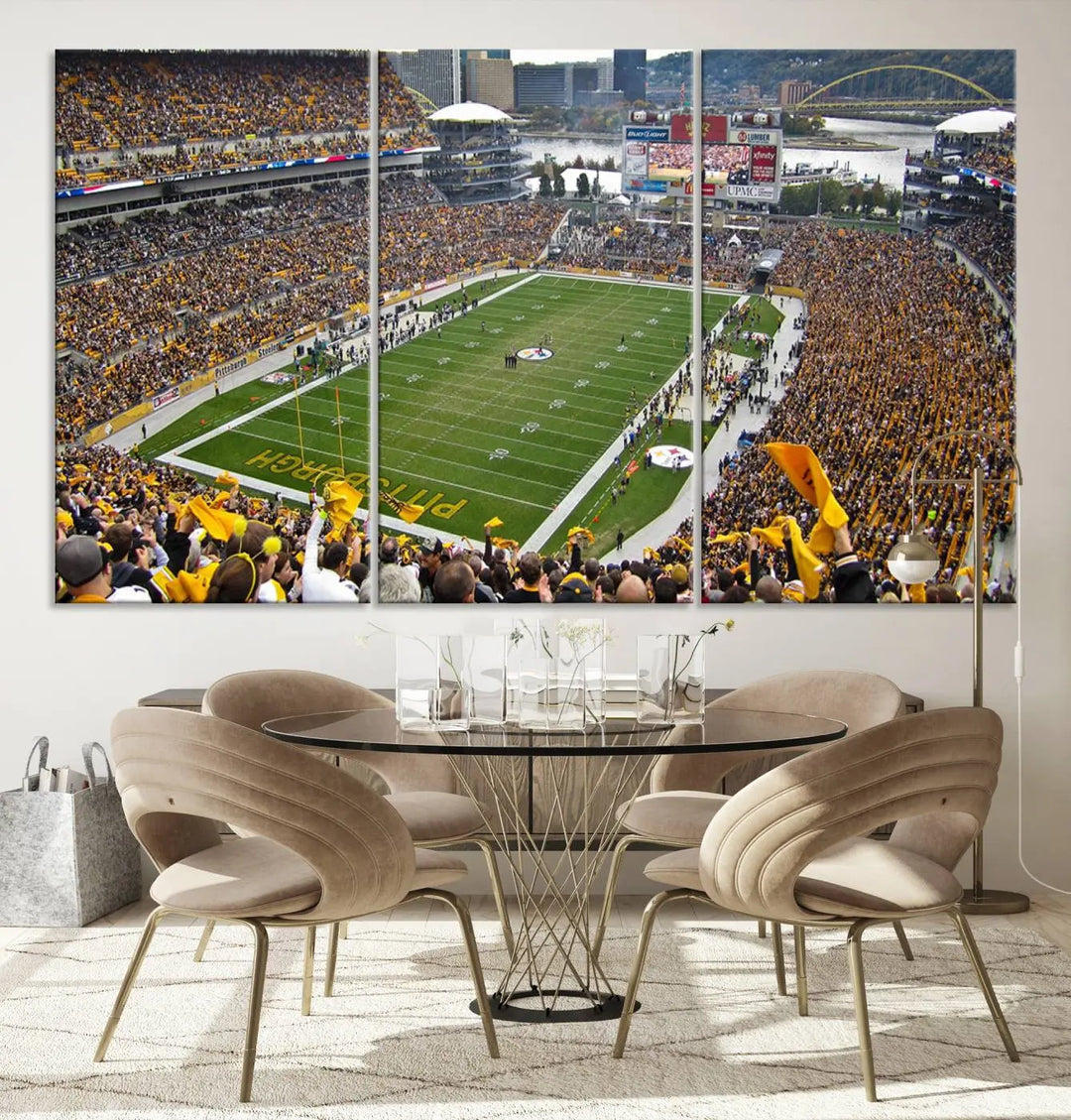 The Pittsburgh Steelers Football Team Print, featuring a packed Heinz Field stadium with fans clad in yellow, is displayed. This canvas print has a gallery-quality finish on premium material, adding a vibrant touch to your space.