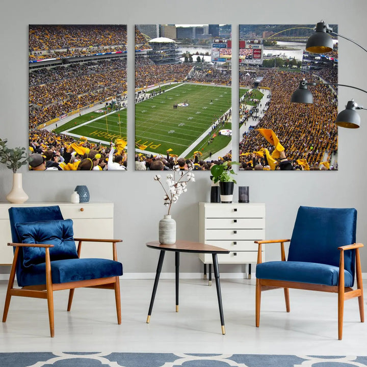 The Pittsburgh Steelers Football Team Print, featuring a packed Heinz Field stadium with fans clad in yellow, is displayed. This canvas print has a gallery-quality finish on premium material, adding a vibrant touch to your space.