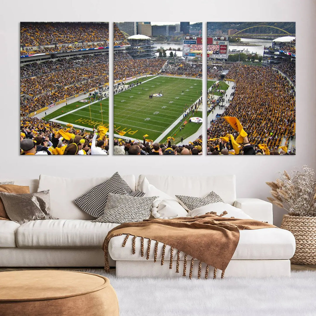 The Pittsburgh Steelers Football Team Print, featuring a packed Heinz Field stadium with fans clad in yellow, is displayed. This canvas print has a gallery-quality finish on premium material, adding a vibrant touch to your space.