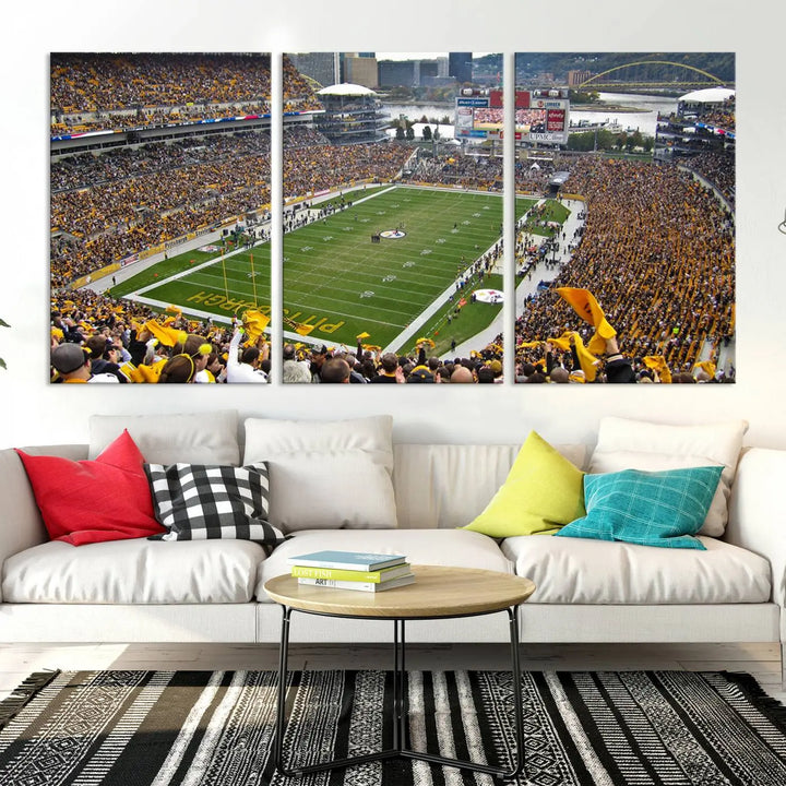 The Pittsburgh Steelers Football Team Print, featuring a packed Heinz Field stadium with fans clad in yellow, is displayed. This canvas print has a gallery-quality finish on premium material, adding a vibrant touch to your space.