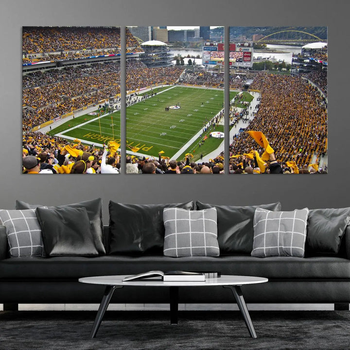 The Pittsburgh Steelers Football Team Print, featuring a packed Heinz Field stadium with fans clad in yellow, is displayed. This canvas print has a gallery-quality finish on premium material, adding a vibrant touch to your space.