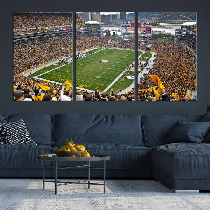 The Pittsburgh Steelers Football Team Print, featuring a packed Heinz Field stadium with fans clad in yellow, is displayed. This canvas print has a gallery-quality finish on premium material, adding a vibrant touch to your space.