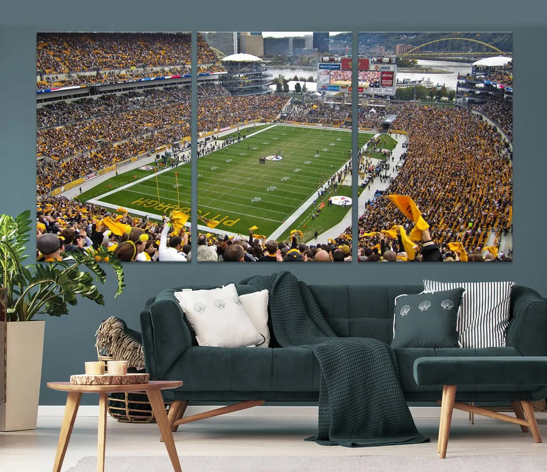 The Pittsburgh Steelers Football Team Print, featuring a packed Heinz Field stadium with fans clad in yellow, is displayed. This canvas print has a gallery-quality finish on premium material, adding a vibrant touch to your space.