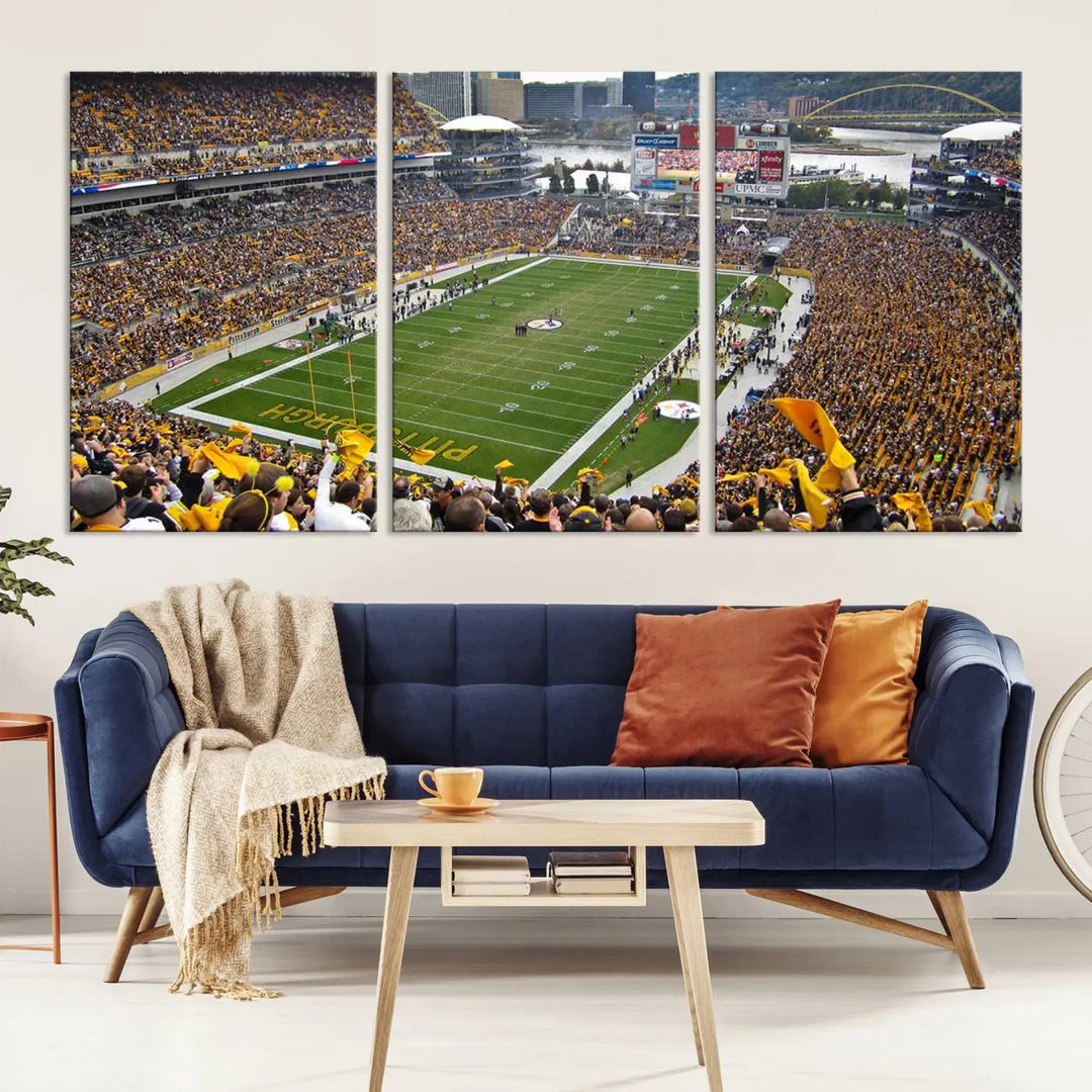 The Pittsburgh Steelers Football Team Print, featuring a packed Heinz Field stadium with fans clad in yellow, is displayed. This canvas print has a gallery-quality finish on premium material, adding a vibrant touch to your space.