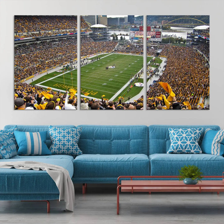 The Pittsburgh Steelers Football Team Print, featuring a packed Heinz Field stadium with fans clad in yellow, is displayed. This canvas print has a gallery-quality finish on premium material, adding a vibrant touch to your space.