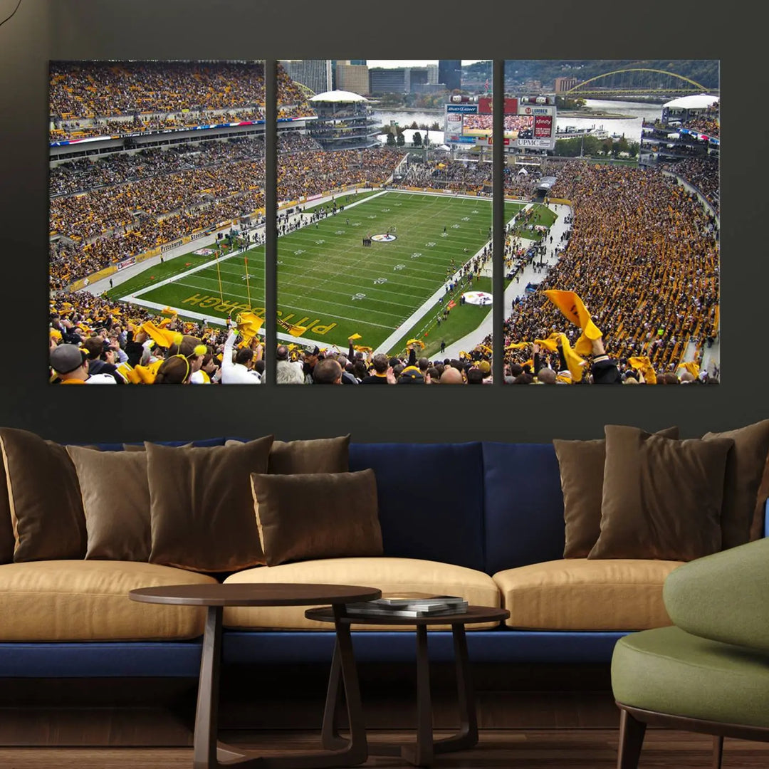 The Pittsburgh Steelers Football Team Print, featuring a packed Heinz Field stadium with fans clad in yellow, is displayed. This canvas print has a gallery-quality finish on premium material, adding a vibrant touch to your space.