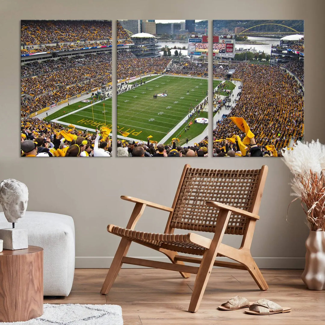 The Pittsburgh Steelers Football Team Print, featuring a packed Heinz Field stadium with fans clad in yellow, is displayed. This canvas print has a gallery-quality finish on premium material, adding a vibrant touch to your space.